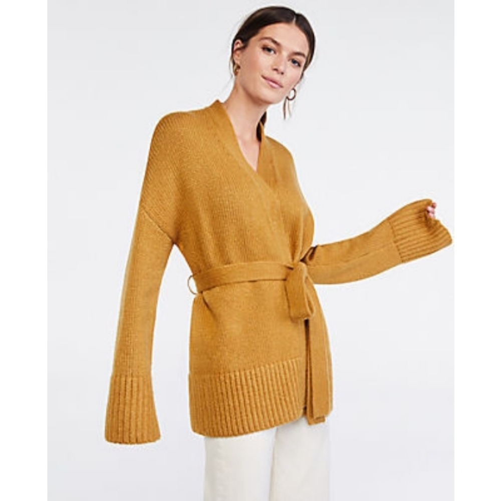 🌸 NWT Ann Taylor Wool Blend Belted Cardigan in Antique Brass Small